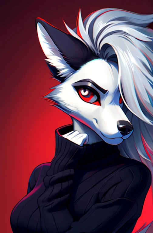 furry art, stunning furry art, realistic furry, anthro white wolf, female wolf, black makeup, red eyes with black sclera, wearing red sweater, one hand is above the head, silver hair, black ears, sensual, for him, claws, close up shot,(pixelsketcher pikaflufftulf hioshiru artstyle), 75mm cannon shot, ultra realist, slim anthro,(white pupils), small wolf chin, sweet anthropologist,( big eyes),(large hybrids)