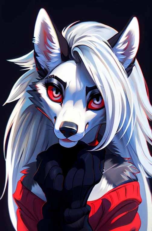 furry art, stunning furry art, realistic furry, anthro white wolf, female wolf, black makeup, red eyes with black sclera, wearing red sweater, one hand is above the head, silver hair, black ears, sensual, for him, claws, close up shot,(pixelsketcher pikaflufftulf hioshiru artstyle), 75mm cannon shot, ultra realist, slim anthro,(white pupils), small wolf chin, sweet anthropologist,( big eyes),(large hybrids)