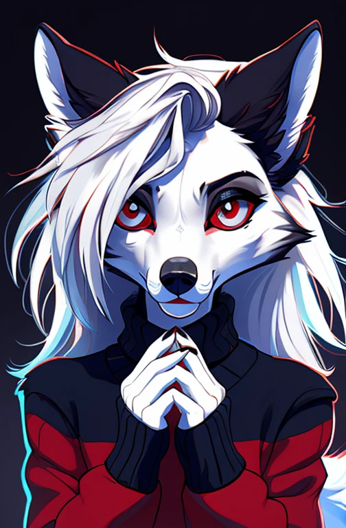 furry art, stunning furry art, realistic furry, anthro white wolf, female wolf, black makeup, red eyes with black sclera, wearing red sweater, one hand is above the head, silver hair, black ears, sensual, for him, claws, close up shot,(pixelsketcher pikaflufftulf hioshiru artstyle), 75mm cannon shot, ultra realist, slim anthro,(white pupils), small wolf chin, sweet anthropologist,( big eyes),(large hybrids)