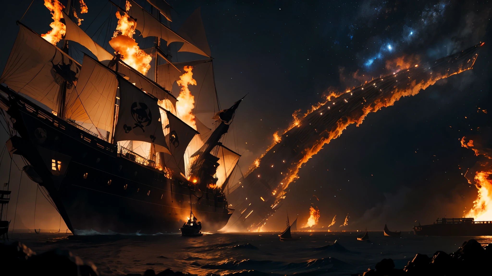 generate an image of a black man falling from the sky on a giant, shadowy pirate ship, his entire body on fire in the, flame-covered sky, dramatic, distant camera