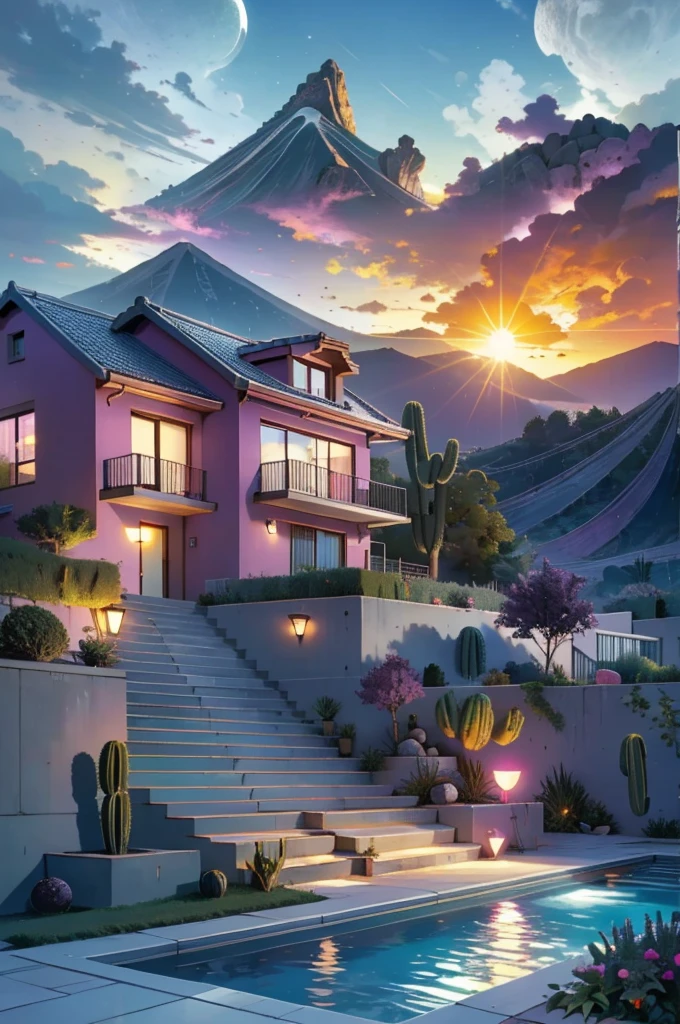 Multiple houses, brutalism style, Luis Barragán, Mountains in background, river, pool, terraces, stairs, garden terraces, trees, beautiful clouds, moon, sun, detailed, cacti, boulders, volcanic rocks, fuggy, river, lake, Violet, orange, olive green, blue, magenta, amazing volcano in horizont, beautiful garden design