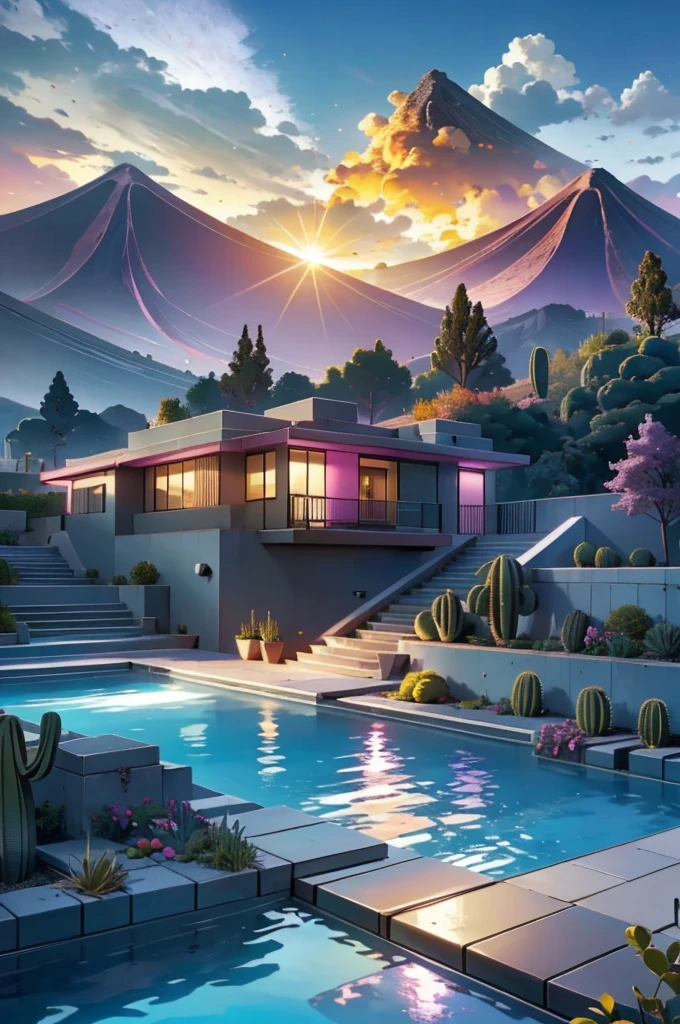 Multiple houses, brutalism style, Luis Barragán, Mountains in background, river, pool, terraces, stairs, garden terraces, trees, beautiful clouds, moon, sun, detailed, cacti, boulders, volcanic rocks, fuggy, river, lake, Violet, orange, olive green, blue, magenta, amazing volcano in horizont, beautiful garden design