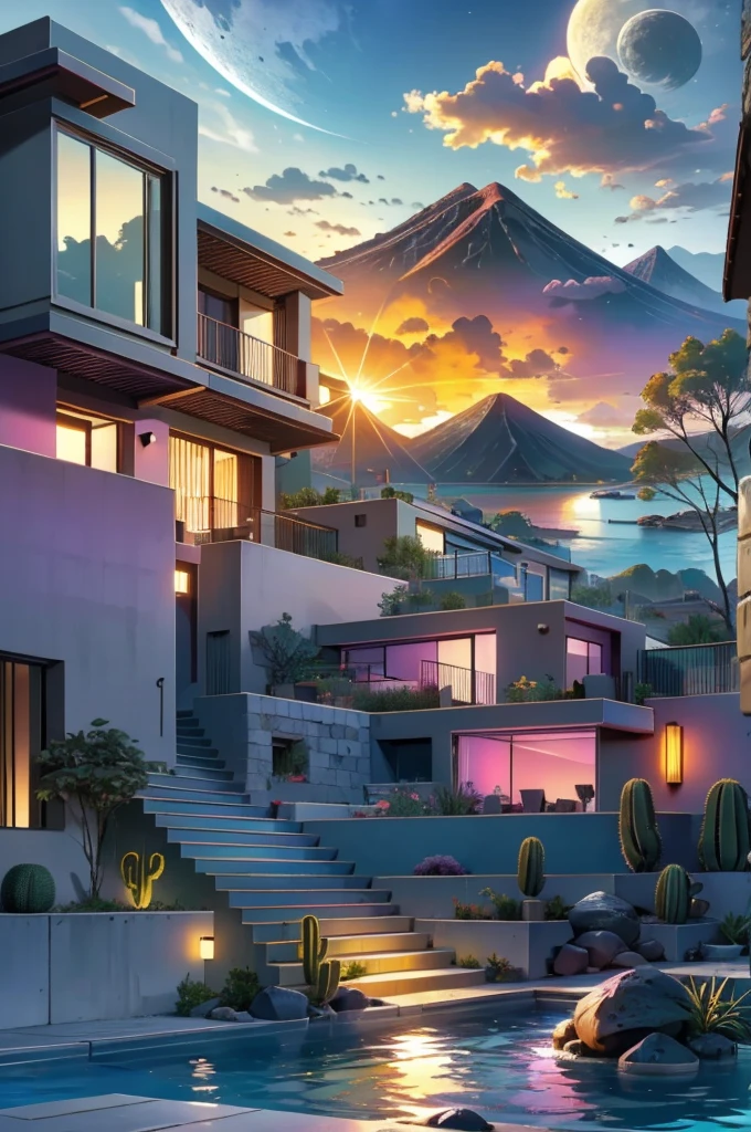 Multiple houses, brutalism style, Luis Barragán, Mountains in background, river, pool, terraces, stairs, garden terraces, trees, beautiful clouds, moon, sun, detailed, cacti, boulders, volcanic rocks, fuggy, river, lake, Violet, orange, olive green, blue, magenta, amazing volcano in horizont, beautiful garden design