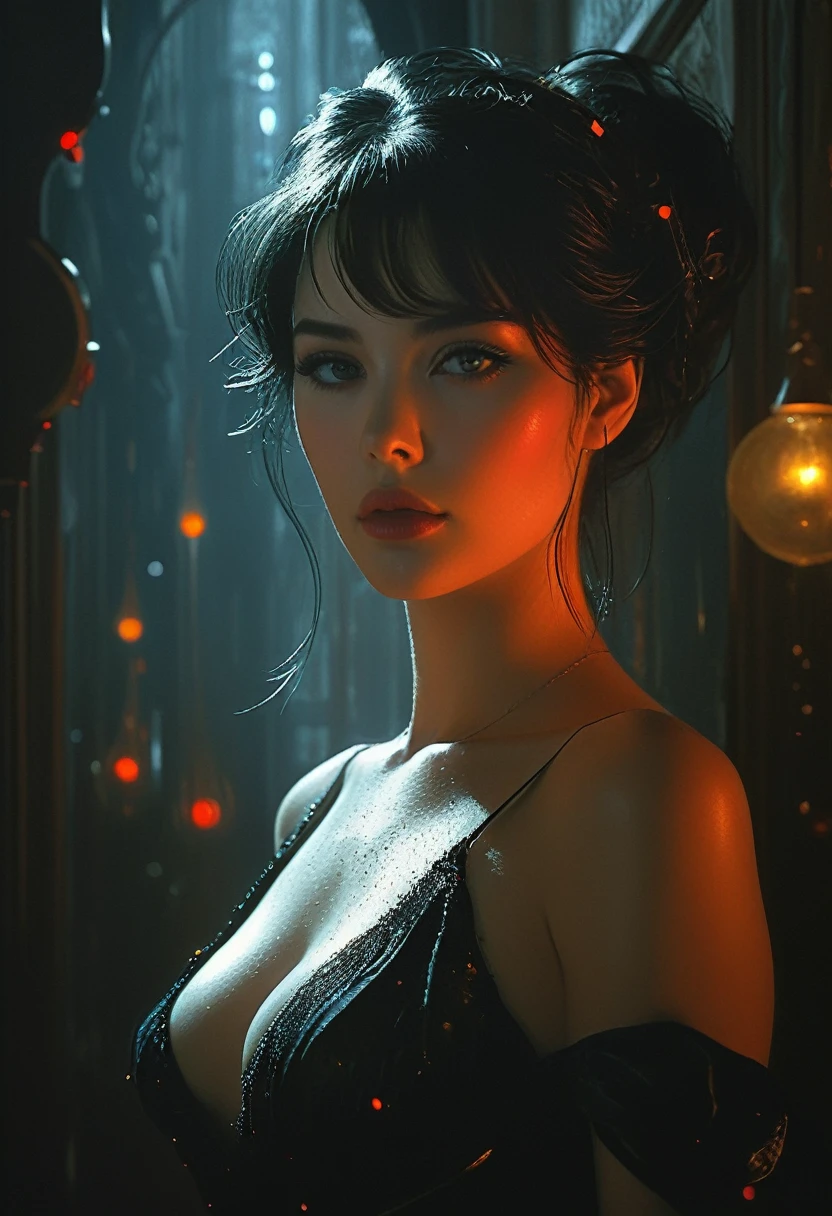 Dark Ambient silhouette of a beautiful woman, relief, oil painting, red-yellow drops, thin smooth lines, wax, long strokes, light delicate shades, + 36.5 mm f0 cinematic quality, + style by Jeremy Mann, Peter Elson, Alex Maleev, Ryohei Hase, Rafael Sanzio, Pino Daeni, Charlie Bowater, Albert Joseph Peno, Ray Caesar, Giger, Jay Fu, Gustave Dore, Stephen Gammell, masterpiece of artistic portrait, multi-layered sheets, techniques used: lithography, chiaroscuro, atmospheric perspective, unreal engine, Greg Rutkowski, Leusch, Rads, Beeple, Makoto Shinkai and Lois van Baerle, Ilya Kuvshinov, Rossdros, Tom Bagshaw, Alphonse Mucha, global coverage, detailed and complex environments...biopunk style, doll face, intricate fine line art, intricate, 8k, ultra detail, artstation trends, sharp focus, studio photography, intricate detail, high detail, by Greg Rutkowski, cleavage, sexy, short skirt, thigh