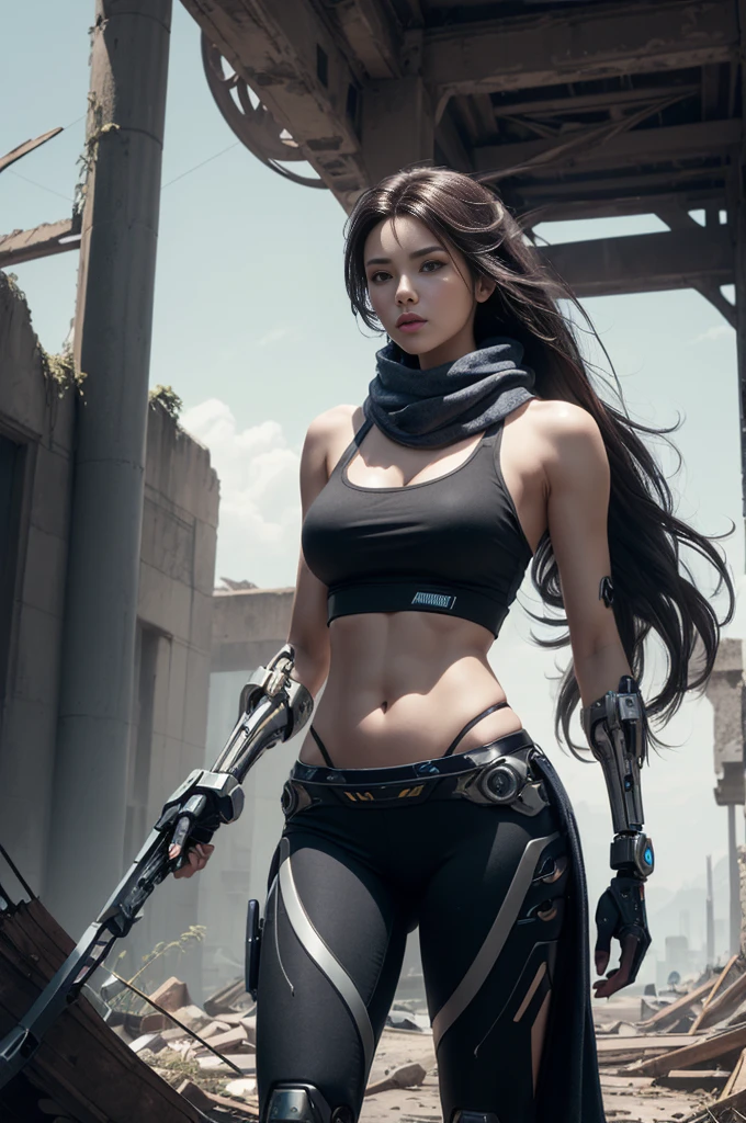 (tall skinny female cyborg), confidence, futuristic aerodynamic heavy mechanical arm, unreal engine, (extremely long voluminous hair :1.6), ((long scarf)), crop tank, low-rise maxi skirts, (strong directional wind), old abandoned ruins