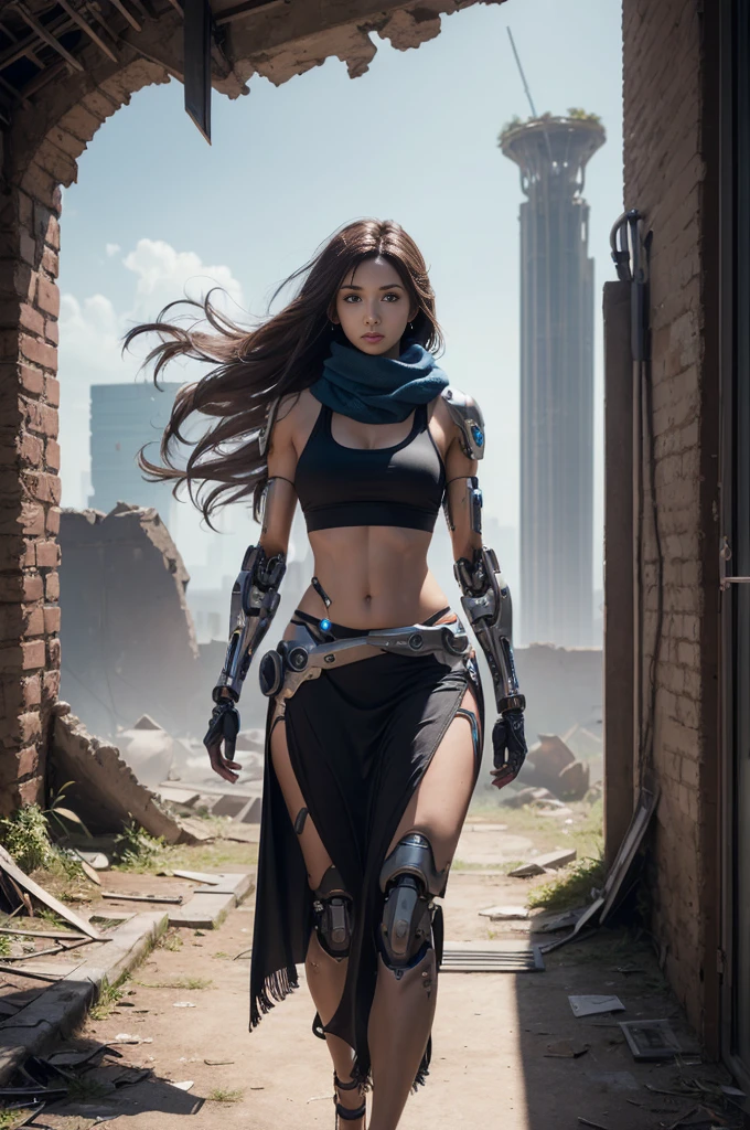 (tall skinny female cyborg), confidence, futuristic aerodynamic heavy mechanical arm, unreal engine, (extremely long voluminous hair :1.6), ((long scarf)), crop tank, low-rise maxi skirts, (strong directional wind), old abandoned ruins