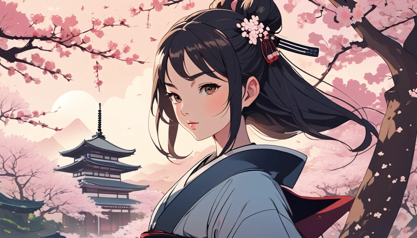Female samurai,Background is cherry blossoms and a Japanese temple、 Wide-angle lens, Lofi Anime, Lofi illustration, Aesthetic atmosphere, Lo-Fi Style, Vector art, Flat Design, Simple shape, Warm tones, Pleasant atmosphere, Chill, In anime style, Digital drawing, Vector art, Vector logo for t-shirt printing, (Adorable:1.5), (small:1.4), (Playful:1.2), (soft:1.3), (Whimsical:1.1), masterpiece, Highest quality, 8k, Intricate details, grow, Celestial, Mysterious, Picturesque, amazing, Majestic, Magic, Fantasy art, Cover art, dream-like
