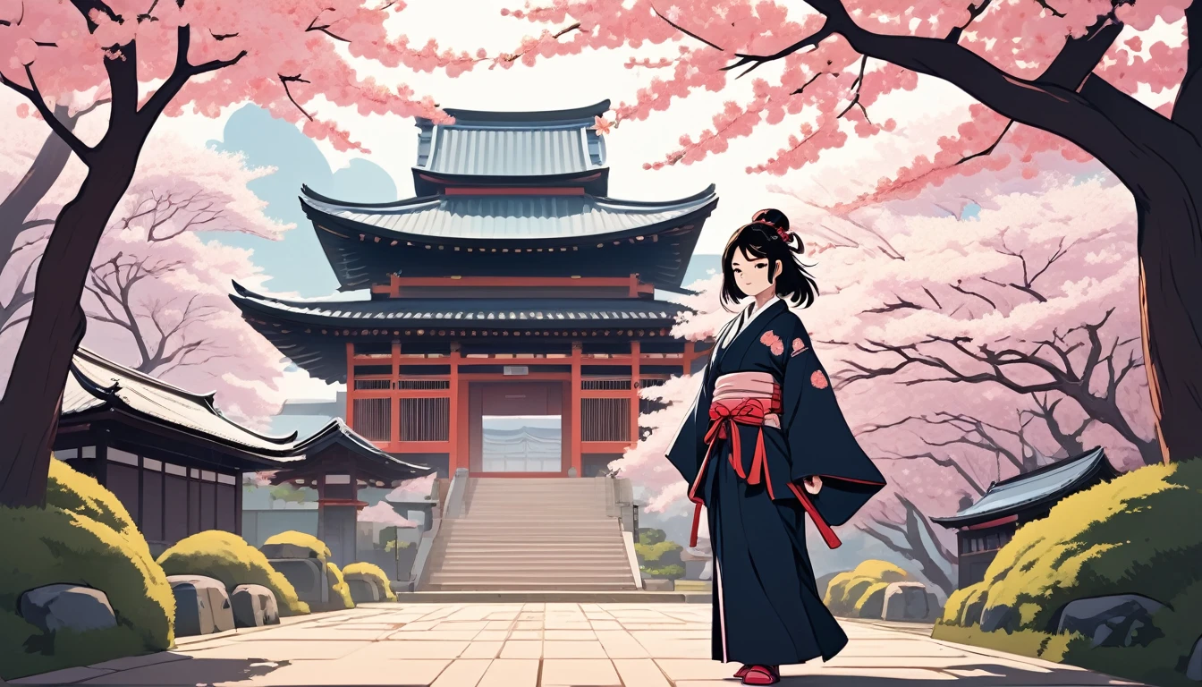 Female samurai,Background is cherry blossoms and a Japanese temple、 Wide-angle lens, Lofi Anime, Lofi illustration, Aesthetic atmosphere, Lo-Fi Style, Vector art, Flat Design, Simple shape, Warm tones, Pleasant atmosphere, Chill, In anime style, Digital drawing, Vector art, Vector logo for t-shirt printing, (Adorable:1.5), (small:1.4), (Playful:1.2), (soft:1.3), (Whimsical:1.1), masterpiece, Highest quality, 8k, Intricate details, grow, Celestial, Mysterious, Picturesque, amazing, Majestic, Magic, Fantasy art, Cover art, dream-like