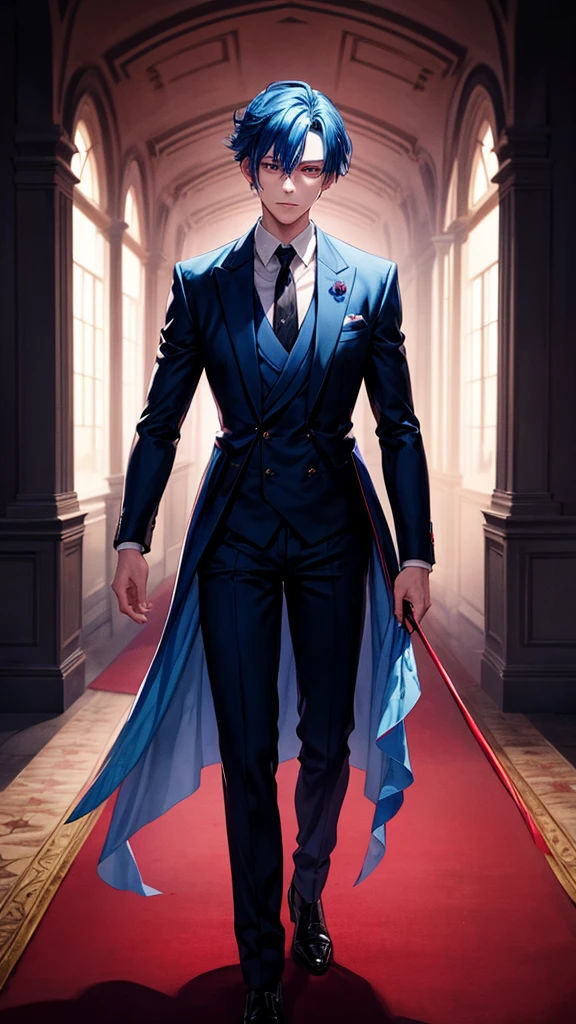 A prince with blue hair, a sad silhouette, sharp blood red eyes, wearing a suit, took a walk.