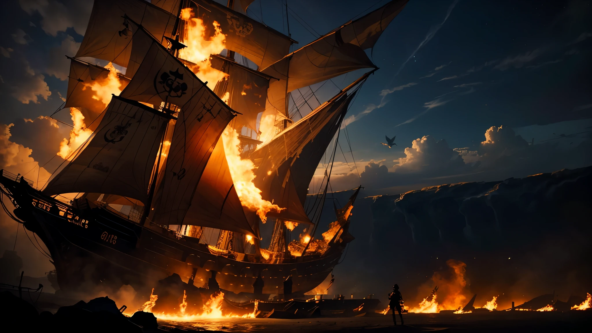 generate an image of a black man in the center of the image on a giant, shadowy pirate ship, his entire body on fire in the sky, covered in flames, dramatic and distant camera