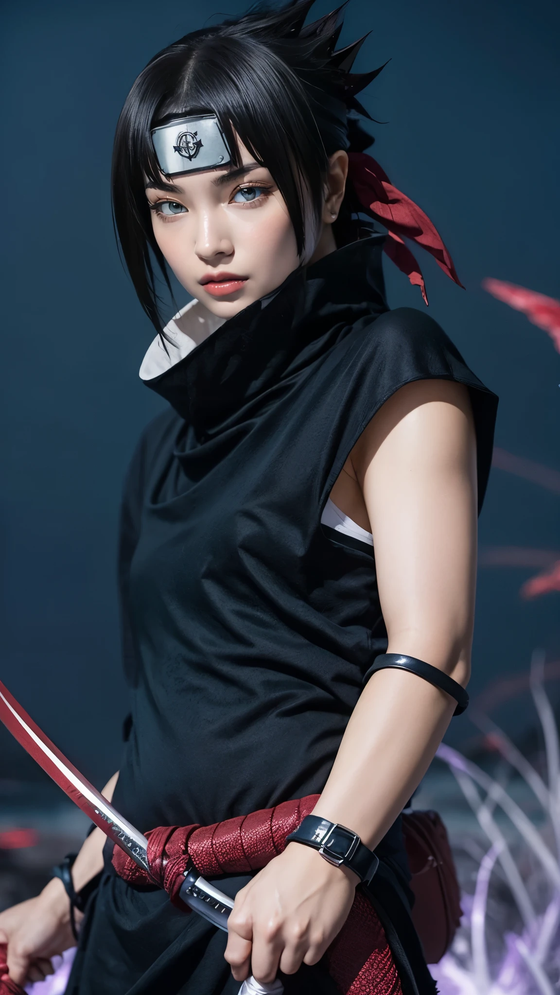 Moisturized skin, (red eyes: 1.4), perfect body, adult female body, mature, cold expression,
BREAK,
(beautiful navel), (kunoichi), (ninja), sexy, (kunai), (leather), fishnet, (fishnet stockings: 1.2), (black clothes), bright red lipstick, (ninja clothes: 1.4),
BREAK,
(highly detailed hair: 1.2), spiky black hair, spiky hairstyle, ((headgane)),
BREAK,
((masterpiece + highest quality + high resolution + highly detailed)), (full body: 1.2), symmetrical, one shot,
BREAK,
(electricity flows), (Wind blowing), (Fighting stance: 1.4), ((Big full moon in the sky)),
BREAK,
(Uchiha Sasuke: 1.3), Dignified, ((Holding a Japanese sword)), Black sword, Holding the handle of the sword, Long blade, Neon city, Night, Large thick white rope around waist, Purple lightning running through the whole,