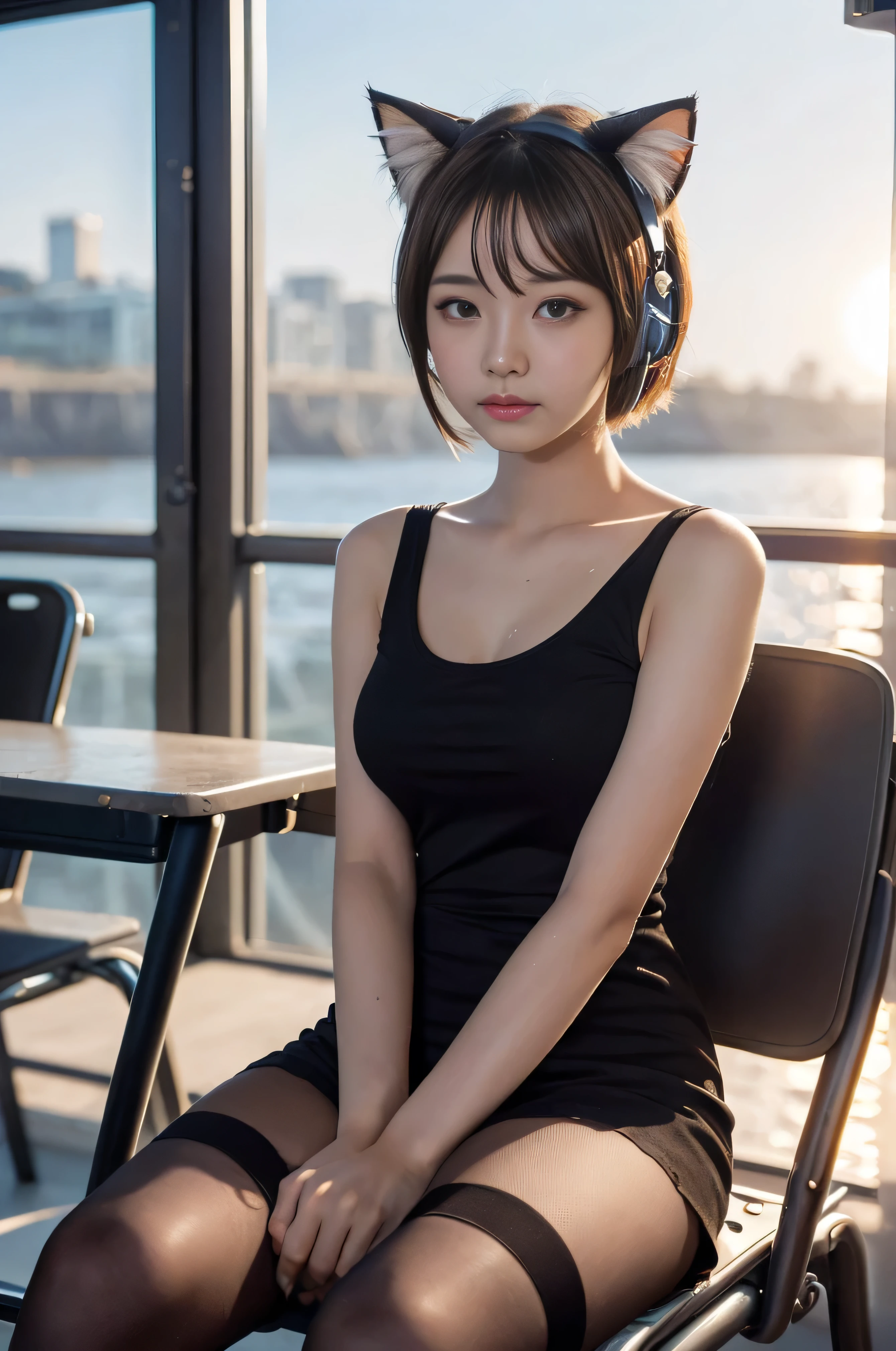 masterpiece, Bokeh, (Cat ear:1.4), Sitting on the beach at sunset, Looking at the audience, office lady, pantyhose,(masterpiece, Highest quality, It captures a very cute moment, Depth of written boundary, Super detailed, Ultra-high resolution, C4D, Octadale, 3D Modeling,Realistic human photos、 8k, 16K, One Girl,, 15 years old、Small breasts,Black Hair,short hair,Straight Hair,Light brown eyes,Cute Face), Bloomers, Black tank top, zettai ryouiki, Wet clothes,Classroom Nights,Moonlight, Good elevator, Take off、Real-life skin、Not an anime、Realistic、