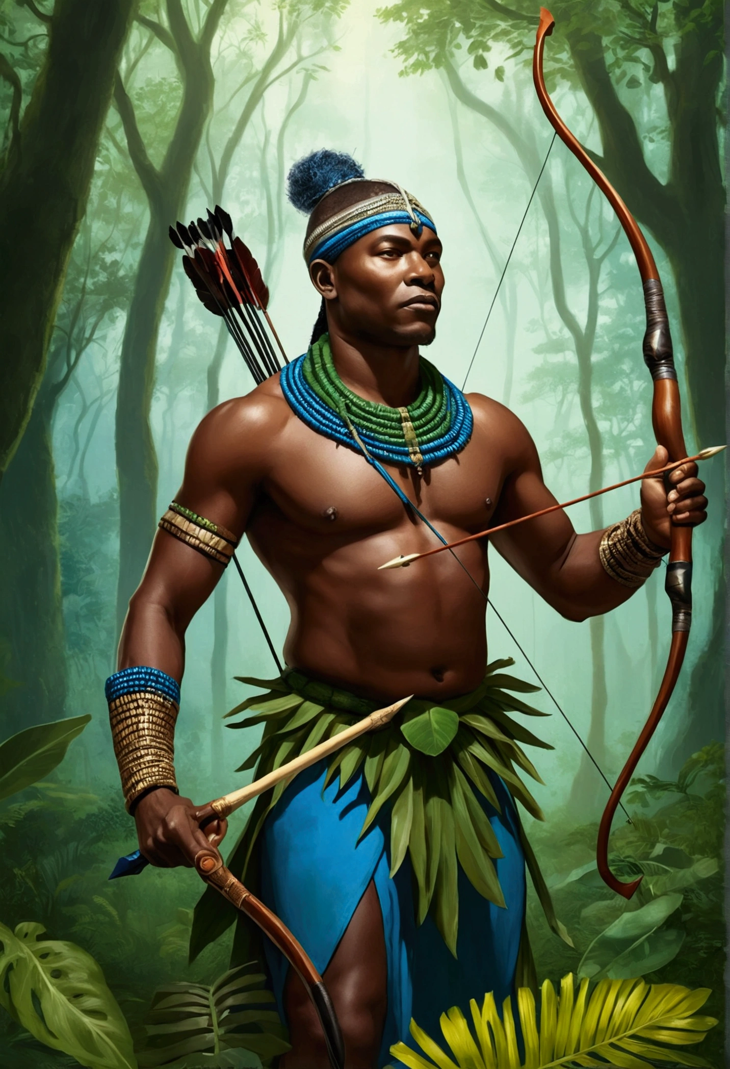 "A majestic and serene depiction of Oxóssi, the Yoruba orixá of the hunt, forests, and abundance. He is portrayed as a noble and agile African man, dressed in green and blue traditional attire, symbolizing his connection to nature and the forest. Oxóssi is holding a bow and arrow, ready for the hunt, with a quiver of arrows on his back. The background features a lush, dense forest filled with vibrant flora and fauna, representing his domain. The scene exudes a sense of tranquility and harmony with nature, highlighting Oxóssi's role as a protector and provider."

