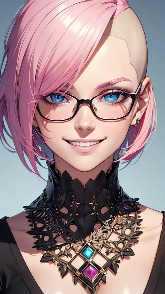 ((short blonde hair, asymmetrical hair, half-buzz cut hairstyle, multicolored gradient hair, pink hair, red-rimmed glasses, deep blue eyes, big breasts, smiling, big smile, grinning)), (Masterpiece), best quality, expressive eyes, perfect face, detailed face, detailed eyes, detailed clothes, detailed background, detailed lighting, intricate details, 4k, 8k