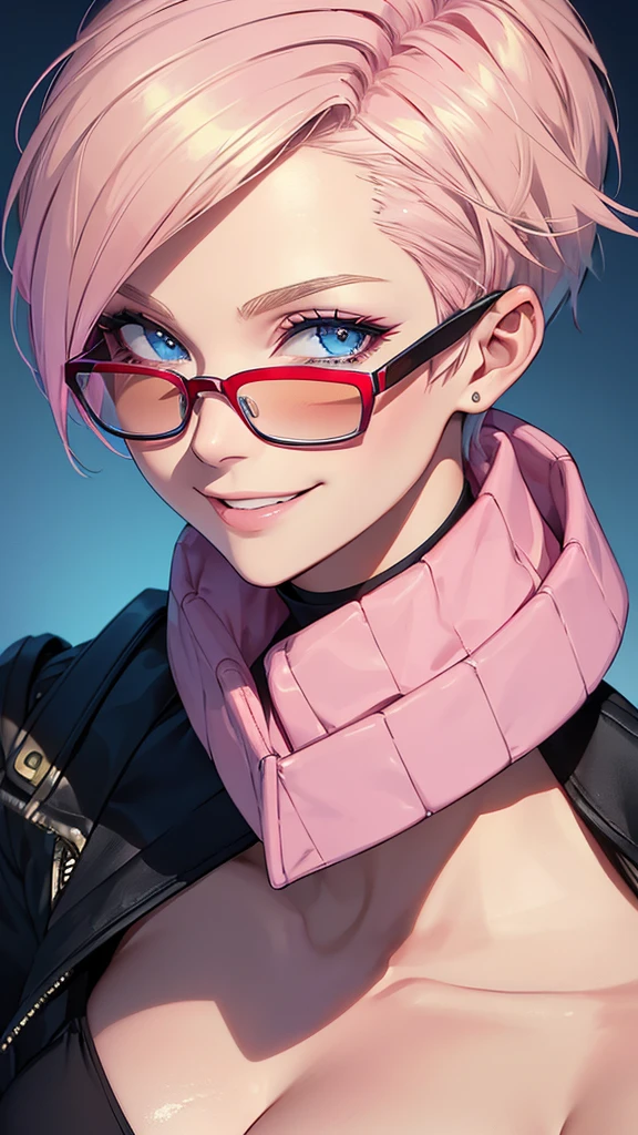 ((short blonde hair, asymmetrical hair, half-buzz cut hairstyle, multicolored gradient hair, pink hair, red-rimmed glasses, deep blue eyes, big breasts, smiling, big smile, grinning)), (Masterpiece), best quality, expressive eyes, perfect face, detailed face, detailed eyes, detailed clothes, detailed background, detailed lighting, intricate details, 4k, 8k