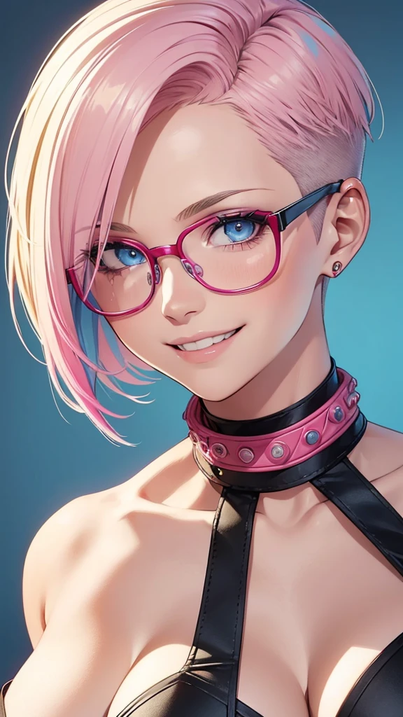 ((short blonde hair, asymmetrical hair, half-buzz cut hairstyle, multicolored gradient hair, pink hair, red-rimmed glasses, deep blue eyes, big breasts, smiling, big smile, grinning)), (Masterpiece), best quality, expressive eyes, perfect face, detailed face, detailed eyes, detailed clothes, detailed background, detailed lighting, intricate details, 4k, 8k