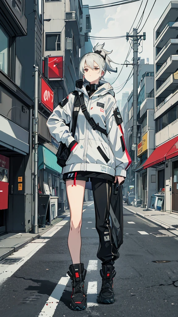 Grayish white，Matte，Streets of a cyberpunk city，Girl with ponytail，smokes