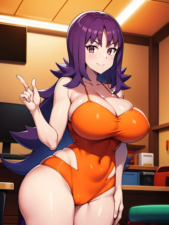 Pokémon、Orange Islands、Dr. Uchikido、big tits milf、big tits milf、big milf、(27 years old), Messy purple hair with outer edges、A doctor with droopy eyes and a sexy atmosphere、A shockingly sexy figure wearing a high-leg swimsuit with an risqué angle under a white coat、Changes in Pokémon in the subtropics、Orange shirt、pencil skirt、look at viewer、big breasts、cowboy shot、indoor、Research room、white theme、computer、smile、narrow your eyes
