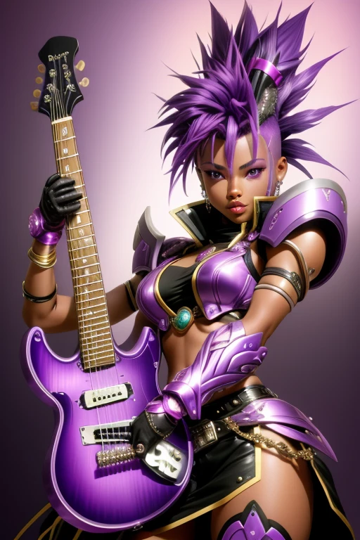 Saint Seiya,1 African American girl,purple Mohawk,Gradient,Gradient background,solo,1 girl,bow,Gloves,purple Mohawk,Fantastic girl,solo , electric guitar in hand, Rockstar.