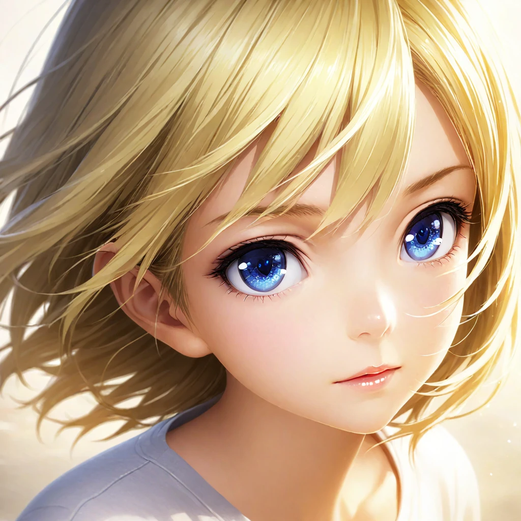 portrait, Practical, blue eyes, Blonde hair, Mid-chest, 4K resolution, High quality CG, Beautiful CG, Soft Light, Octane Rendering, white t-shirt, head shot