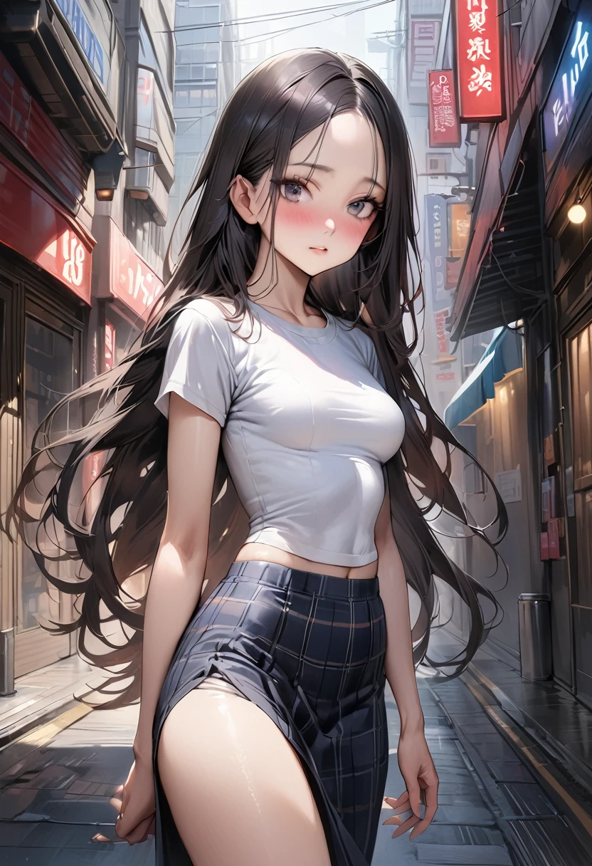 ((masterpiece,Highest quality:1.3,best quality illustration)),realistic,cowboy shot,独奏,1woman,(18 year old beauty),((very small head:1.3)),black hair,long hair,forehead,center parted bangs,black eyes,gorgeous big eyes,blush,((very long body,skinny)),medium breasts,gleaming skin,toned body,slender body,skinny,White short-sleeved T-shirt、Dark blue plaid mini skirt,on street,Shinjuku、Tokyo、