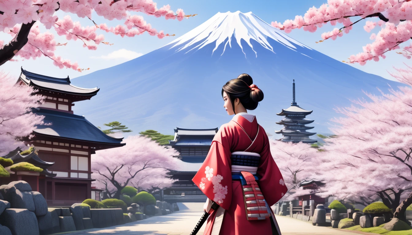 Female samurai,Background is cherry blossoms and Japanese temple and garden、Fuji Mountain、