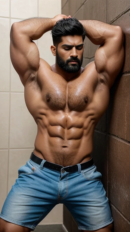 Handsome 30 years old indian latino thick beared more hairy body masculine strong bodybuilder wetty body with weared bathing rope, black and white hair color, Pain is raging on the face, screaming with pain and making aggressive face expressions with eyes closed during hold penis, the head is tilted back , wide muscular shoulders, wide hairy chest, abs, masculine wide triceps, arms, biceps, big masculine hairy legs, wide thighs, calfs, black spiky haired, hair falls on your face, Mesmerizing brown eyes, business in sunglasses, standing leaning against the wall and hold the wall, perfect( big huge penis) is (coming out) of his pant,masterpieces, seductive, erotic, exotic, head to toe view, head to toe, from above view, head is tilted backward, hot poses