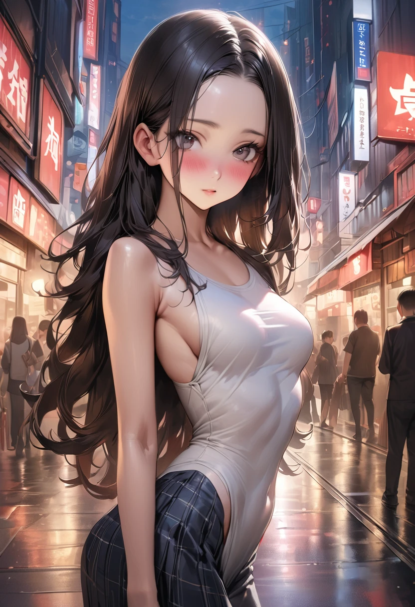 ((masterpiece,Highest quality:1.3,best quality illustration)),realistic,cowboy shot,独奏,1woman,(18 year old beauty),((very small head:1.3)),black hair,long hair,forehead,center parted bangs,black eyes,gorgeous big eyes,blush,((very long body,skinny)),medium breasts,gleaming skin,toned body,slender body,skinny,(Collared shirt)、Denim Microshorts、navel,on street,Shinjuku、Tokyo、