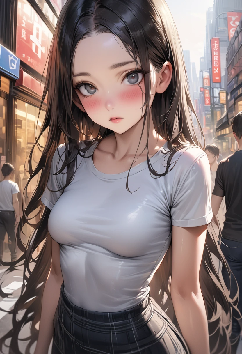 ((masterpiece,Highest quality:1.3,best quality illustration)),realistic,cowboy shot,独奏,1woman,(18 year old beauty),((very small head:1.3)),black hair,long hair,forehead,center parted bangs,black eyes,gorgeous big eyes,blush,((very long body,skinny)),medium breasts,gleaming skin,toned body,slender body,skinny,White short-sleeved T-shirt、Dark blue plaid mini skirt、on street,Shinjuku、Tokyo、