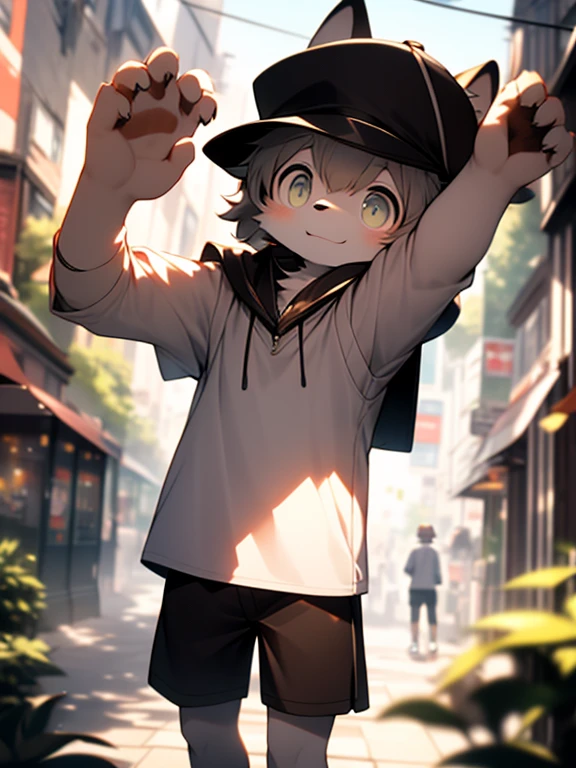 London streets at the beginning of episode 24,boy,Extremely thin body,Light grey fur,Bright morning sunshine,Brown Newsboy Cap,White Striped Shirt,Brown shorts,Acting cute,(A masterpiece),(high quality),(Clear structure),(Clear texture),(Extremely detailed background),(Extremely detailed characters)