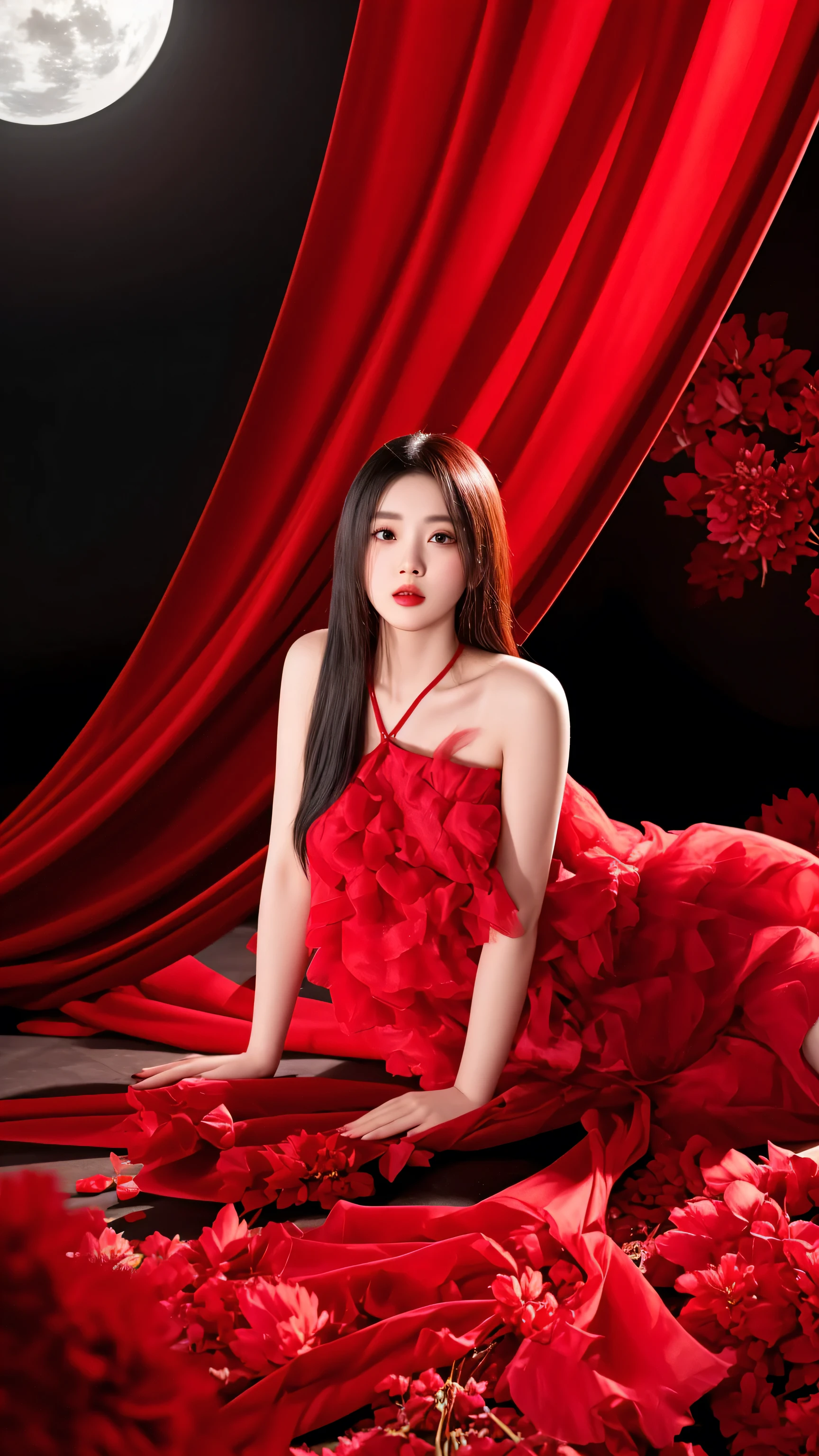 arafed woman in a red dress sitting on a bed of red petals, full body xianxia, wearing a red cheongsam, sha xi, xianxia fantasy, iu lee ji-eun as a super villain, in red background, girl wears a red dress, portrait shot, grayscale phtoto with red dress, gongbi