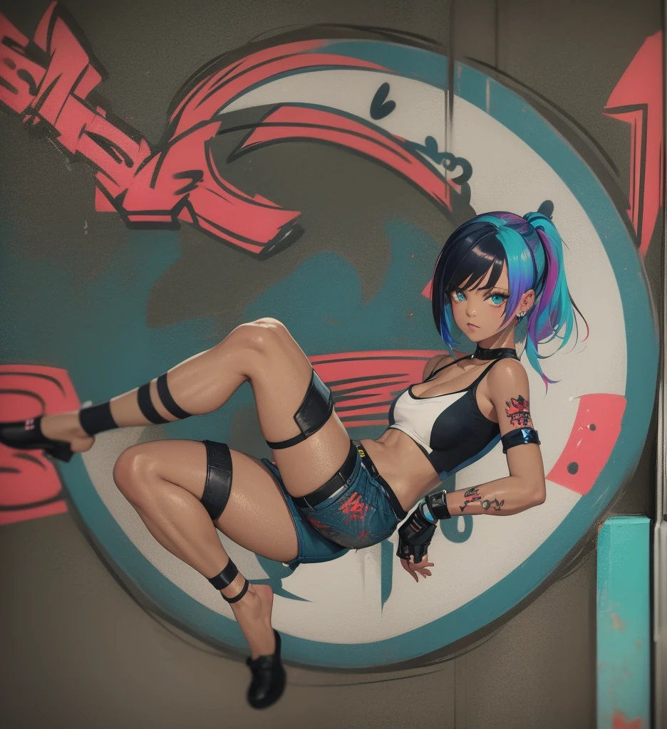 masterpiece, best quality, 1girl, solo, crop top, denim shorts, choker, (graffiti:1.5), paint splatter, arms behind back, against wall, looking at viewer, armband, thigh strap, paint on body, head tilt, bored, multicolored hair, aqua eyes, headset,