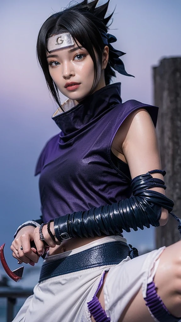 Moisturized skin, (red eyes: 1.4), perfect body, adult female body, mature, cold expression,
BREAK,
(beautiful navel), (kunoichi), (ninja), sexy, (kunai), (leather), fishnet, (fishnet stockings: 1.2), (black clothes), bright red lipstick, (ninja clothes: 1.4),
BREAK,
(highly detailed hair: 1.2), spiky black hair, spiky hairstyle, ((headgown with a bowl)),
BREAK,
((masterpiece + highest quality + high resolution + highly detailed)), (full body: 1.2), symmetrical, one shot,
BREAK,
(blue electricity flows), (Wind blows), (Fighting stance: 1.4), ((A big full moon is in the sky)),
BREAK,
(Uchiha Sasuke: 1.3), Elegant, ((Holding a Japanese sword)), Black sword, Holding the hilt, Long blade, Neon city, Night, Large, thick white rope around waist, ((Purple electricity runs through the whole)),