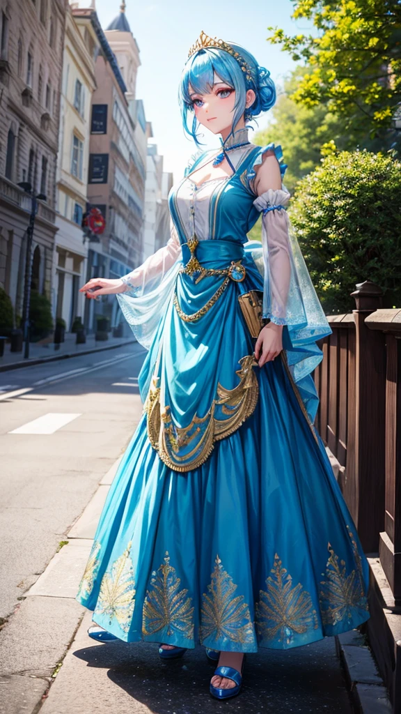 A princess with bright blue hair and sharp, sparkling golden eyes. Wear a long skirt for a walk.