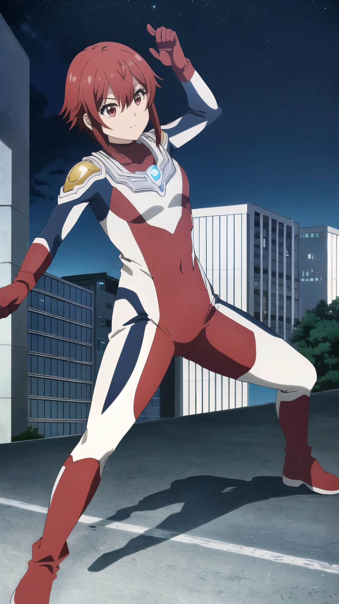 ((Highest quality)),((Very detailed)),masterpiece,Absurd,Detailed face,Beautiful Face,(fine grain, Deep Eyes),One Girl,((Combat Stance)), input, input, Redhead, Red eyes, short hair, Hair between the eyes, bangs, chest, large chest, View your viewers, Ultraman bodysuit、Hero Suit,Full body tight suit、(building:1.2)、Night view