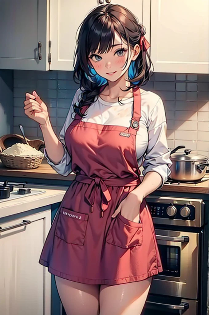 sexy girl stands in the kitchen in a colorful apron stained with flour