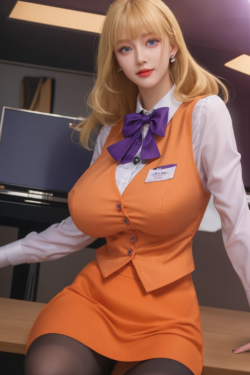 (Super Realistic), (Blonde Curly Hair), ((Busty Body)), ((Gigantic Boobs)), (Big Butt), (detailed description of hair), (detailed description of face), (detailed description of body), (white and translucent skin), peerless beauty, (extreme beauty), long legs, beauty spot, (mature royal sister), (red lips), (touch tits), (shy), (seductive smile) , facing the audience, show the full body, only 1 person, wear racer jacket, wear racer pants, in the class