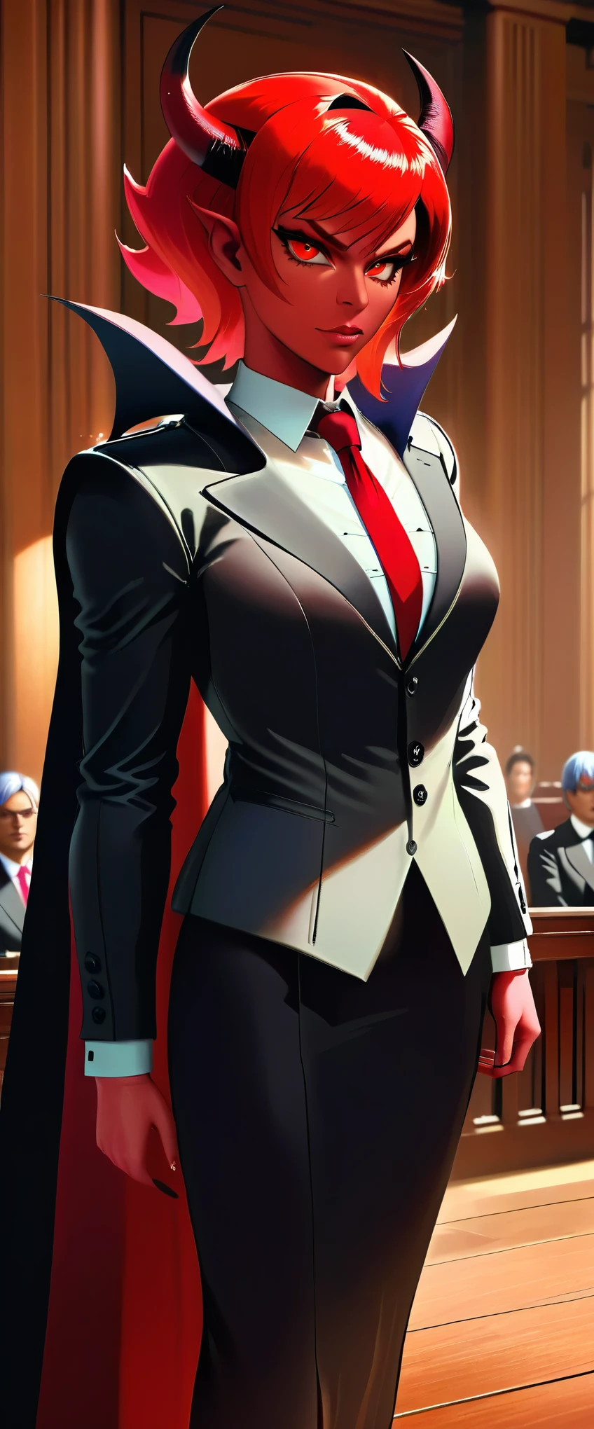 a picture of a female devil wearing barrister's wig and cloak in courtroom, a devilishly beautiful devil, ((full body shot: 1.5)) ((anatomically correct: 1.5), (ultra detailed face: 1.2), best detailed face, (red skin: 1.3), two black horns, wearing white button shirt, red tie, English barrister's wig, courtroom background, vibrant, Hyperrealism style, vibrant, Ultra-high resolution, High Contrast, (masterpiece:1.5), highest quality, Best aesthetics), best details, best quality, highres, ultra wide angle, 16k, [ultra detailed], masterpiece, best quality, (extremely detailed) RAW, photograph, Hyperrealism style, demonmawAI