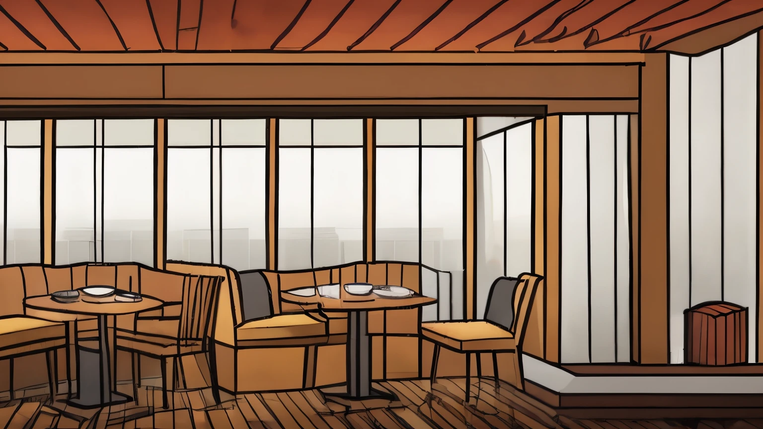 A cozy café corner with a spinning record player and steam rising from a coffee cup. The rain outside and the steam should loop seamlessly, starting and ending with the same rain intensity and steam flow. The scene is in a line art style with watercolor effects, creating a warm and nostalgic atmosphere.
