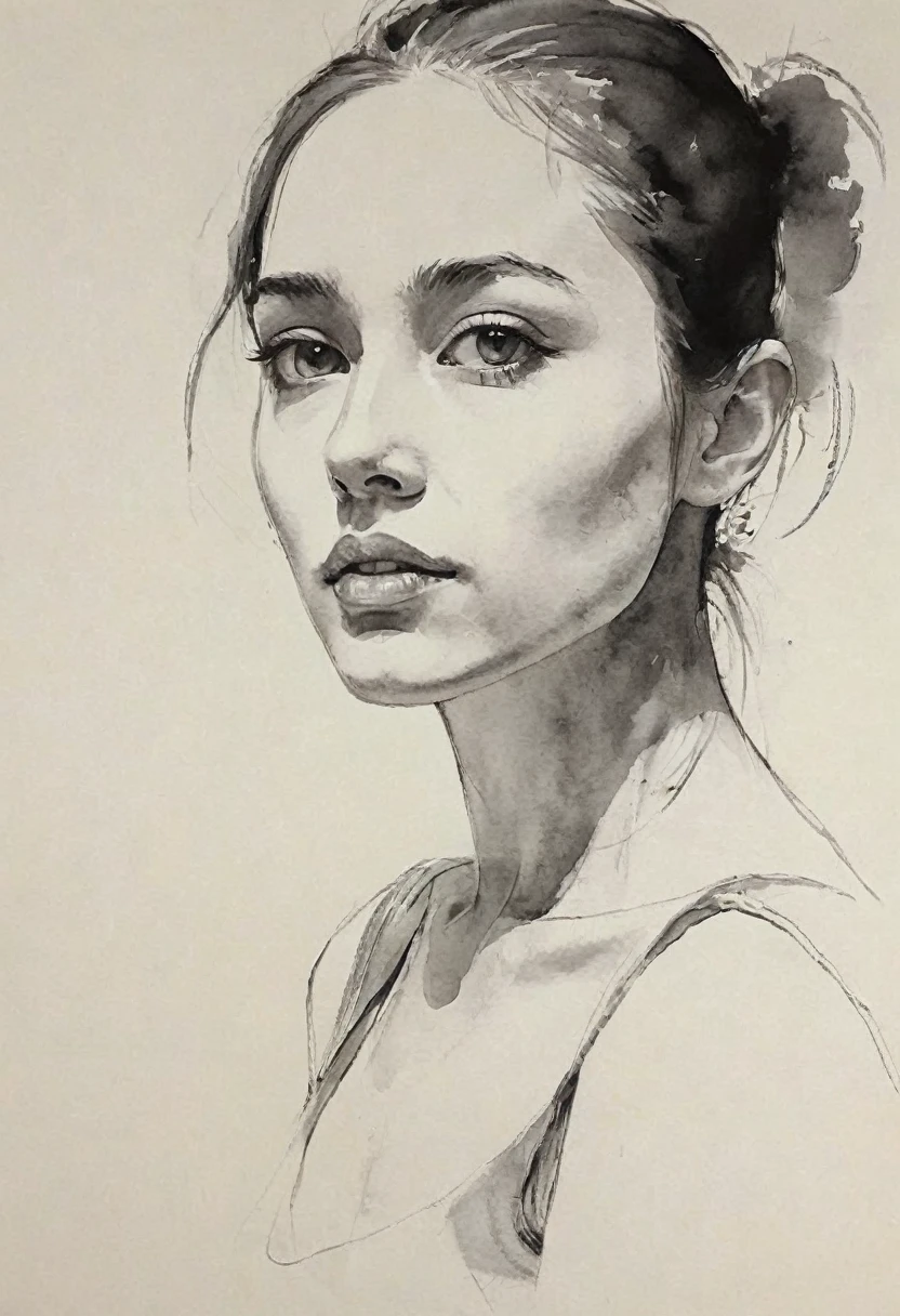 (Highest quality, High resolution, masterpiece:1.2), Very detailed, Realistic:1.37, Black ink sketch, Smooth lines, Expressive facial expressions and posture, Minimalist Background, Emphasis on light and shadow and spatial perception, Plenty of negative space, young woman.Ink portrait,Smooth flowing lines,expressive face,Delicate emotions,Ink contrast,Simple Background,Emphasis on light and shadow,amplitude,Plenty of negative space,Peaceful atmosphere,Serene atmosphere,feels like a dream,Delicate yet fascinating details,Calm colors,Calm and introspective,Graceful posture,Gentle Movement,kind and innocent,A whisper of elegance,Quiet elegance,Shining Sparkle,Sublime Beauty,Vector illustration,Black and White,Natural and organic,Nurturing and calming,Sublime simplicity,Mysterious charm.