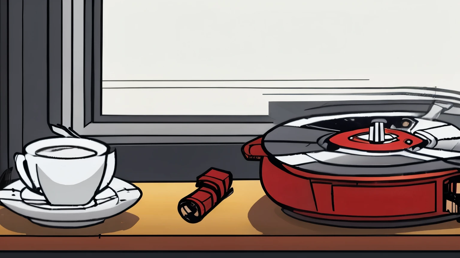 A cozy café corner with a spinning record player and steam rising from a coffee cup. The rain outside and the steam should loop seamlessly, starting and ending with the same rain intensity and steam flow. The scene is in a line art style with watercolor effects, creating a warm and nostalgic atmosphere.