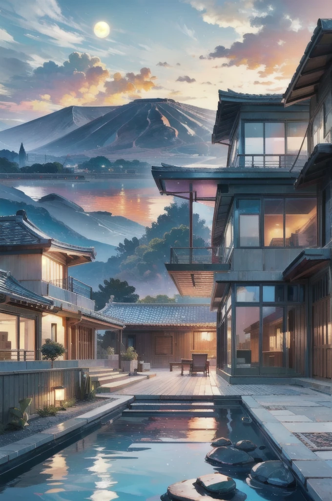 Multiple houses, brutalism style, Mies van der Rohe, Mountains in background, river, pool, terraces, stairs, garden terraces, trees, beautiful clouds, moon, sun, detailed, cacti, boulders, volcanic rocks, fuggy, river, lake, Violet, orange, olive green, blue, magenta, amazing volcano in horizont, beautiful garden design