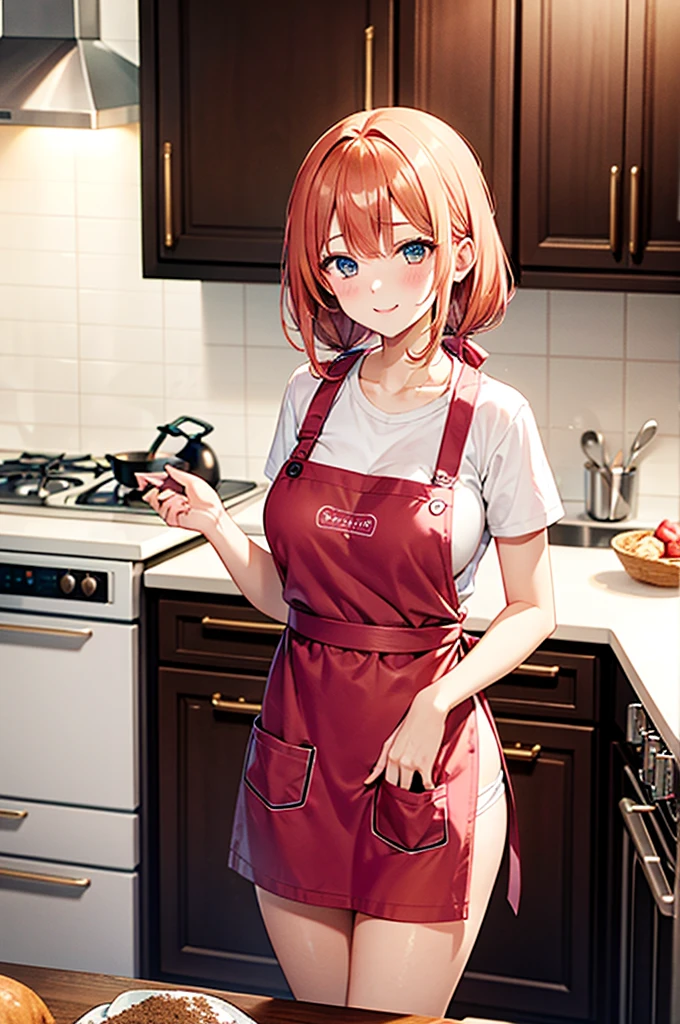 sexy girl stands in the kitchen in a colorful apron stained with flour