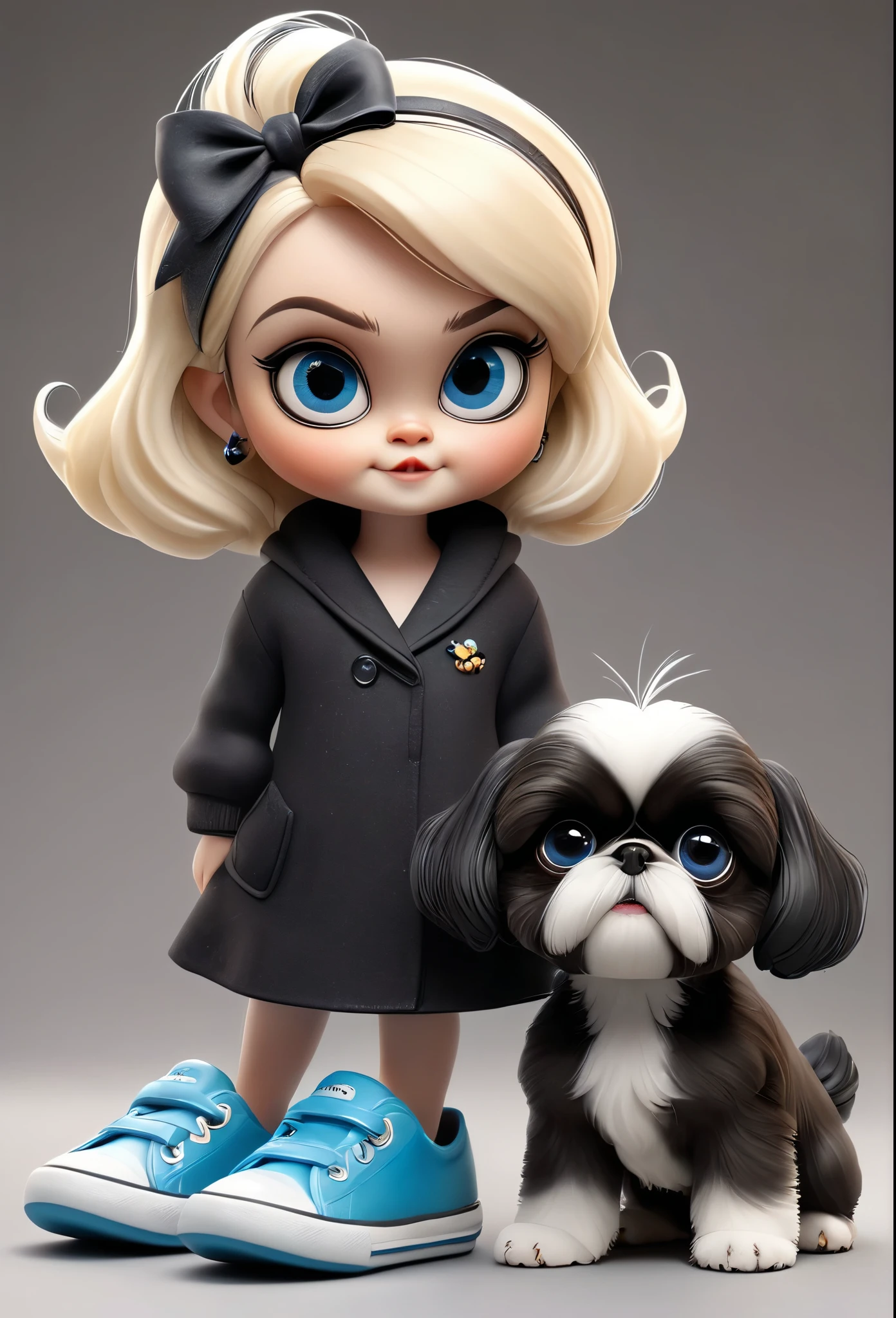 2 adorable very small very black Shih Tzu puppies with big bright blue eyes mischevious stealing shoes from small cute blonde mom 3D Pixar style
