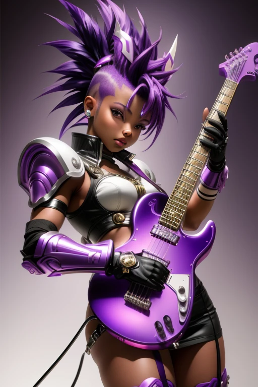  Saint Seiya，1 African American girl，purple Mohawk，Gradient，Gradient background，solo，1 girl，bow，Gloves，purple Mohawk，Fantastic girl，solo , electric guitar in hand, Rockstar.