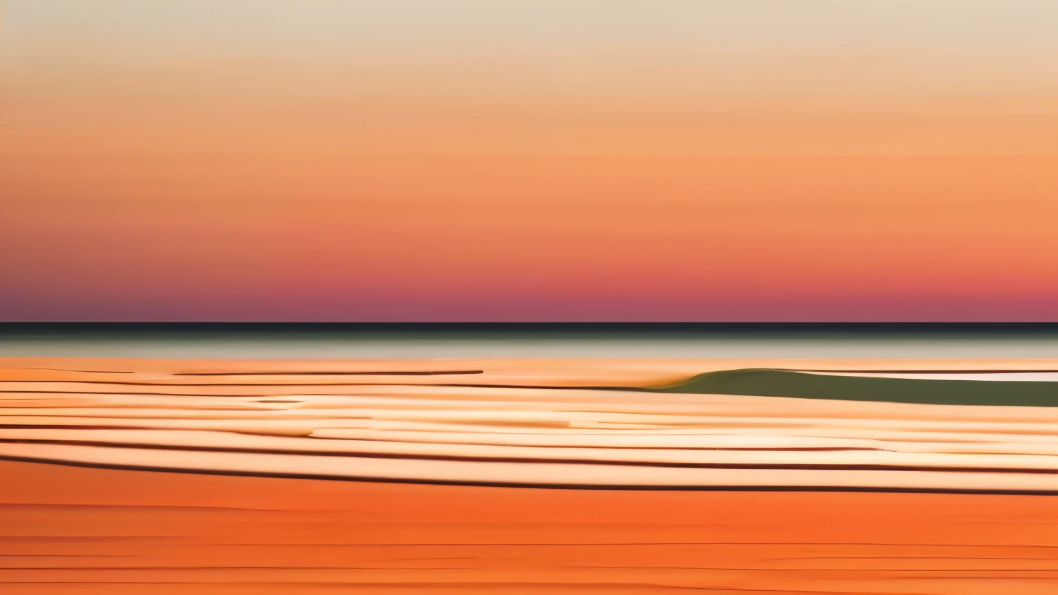 A peaceful sunset at the beach with gentle waves lapping at the shore. The sky transitions from orange to purple hues. The waves and colors should loop seamlessly, starting and ending with the same wave position and sky colors. The scene is in a line art style with watercolor effects, creating a warm and nostalgic atmosphere.