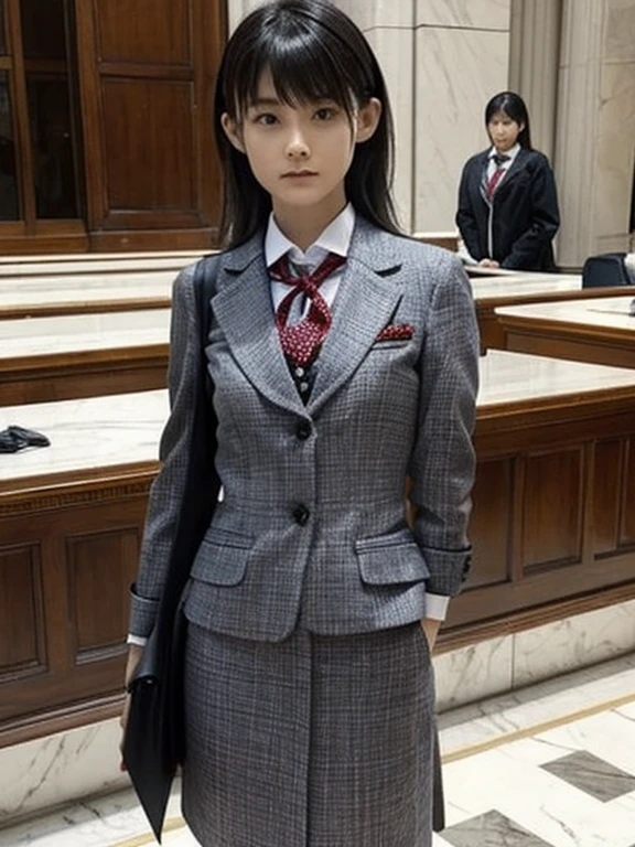 girl, solo, lawyer, Tribunals of the Court, Marble floor, Courtroom Argument, Standing, Holding files in your hands, Serious expression