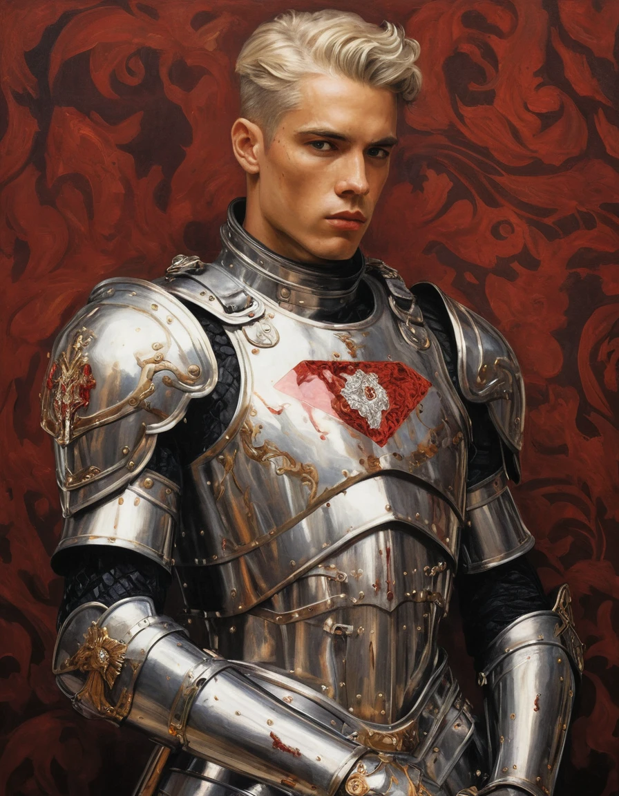 {{Masterpiece, best quality, oil painting, dramatic, male focus}}, (((by J. C. Leyendecker, by Gustave Klimt))), ((((the full body portrait of a 20 year old male knight, violent, manly, sexy, tall, young, he has silver hair, tan skin, scarred face, sullen, arrogant, majestic)))), (((((((He is covered in blood, wearing cyborg plate armor, with a red diamond shape on his chest))))))). ((Jungle background, hawk moths flying))