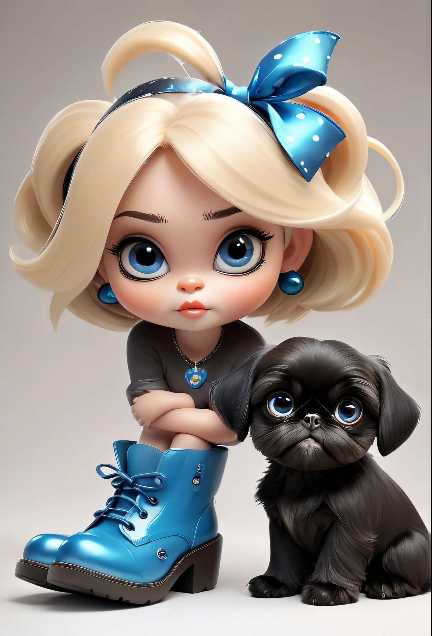 2 adorable very small very black Shih Tzu puppies with big bright blue eyes mischevious stealing shoes from small cute blonde mom 3D Pixar style
