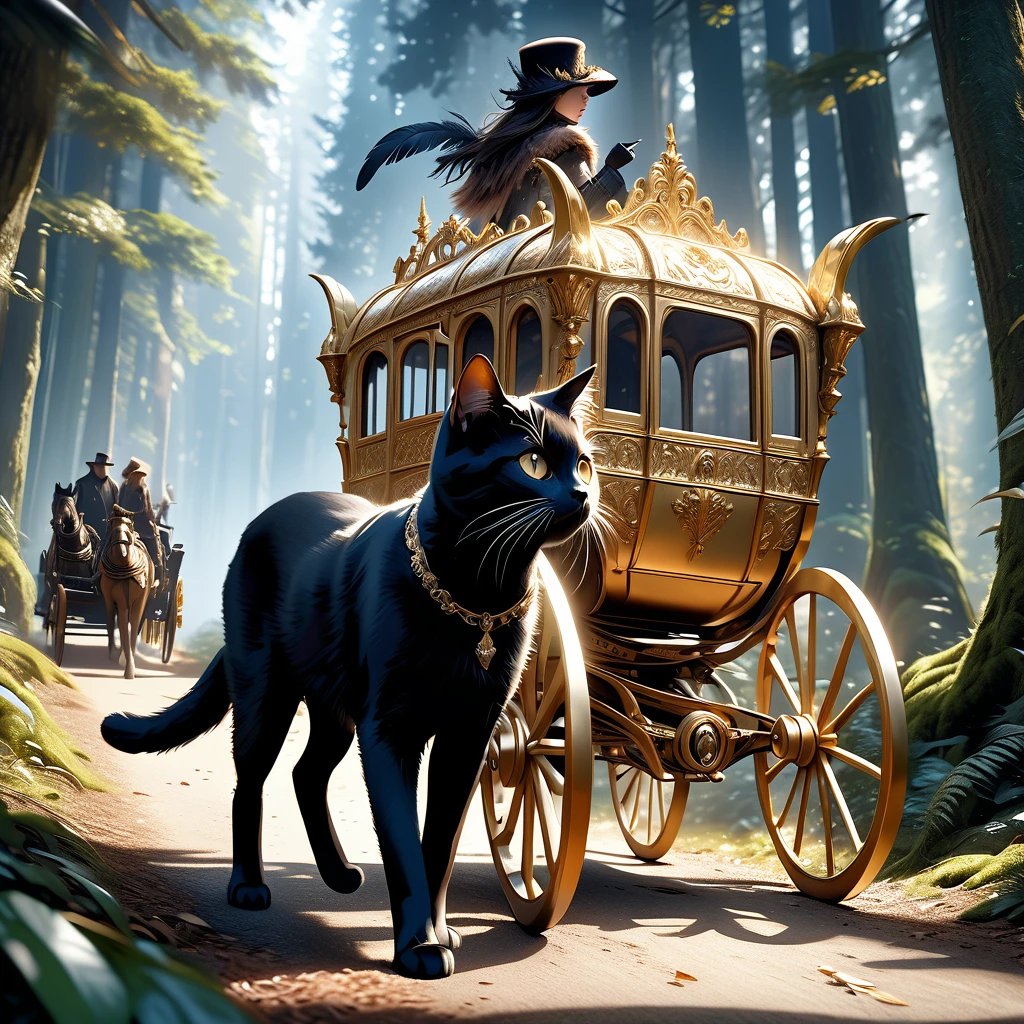 a black cat in leather boots and a feathered hat standing in a forest, a golden ornate carriage approaching in the background, (best quality,4k,8k,highres,masterpiece:1.2),ultra-detailed,(realistic,photorealistic,photo-realistic:1.37),realistic,detailed fur, detailed leather boots, detailed feathered hat, intricate forest background, ornate golden carriage, dramatic lighting, cinematic composition